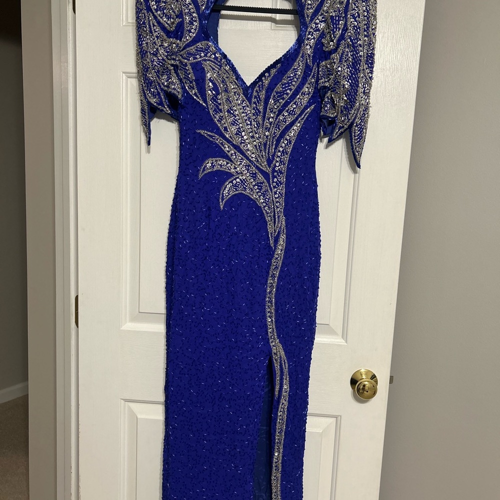 Elegant Silk Blue and Silver Beads/Sequins Formal Vintage Dress